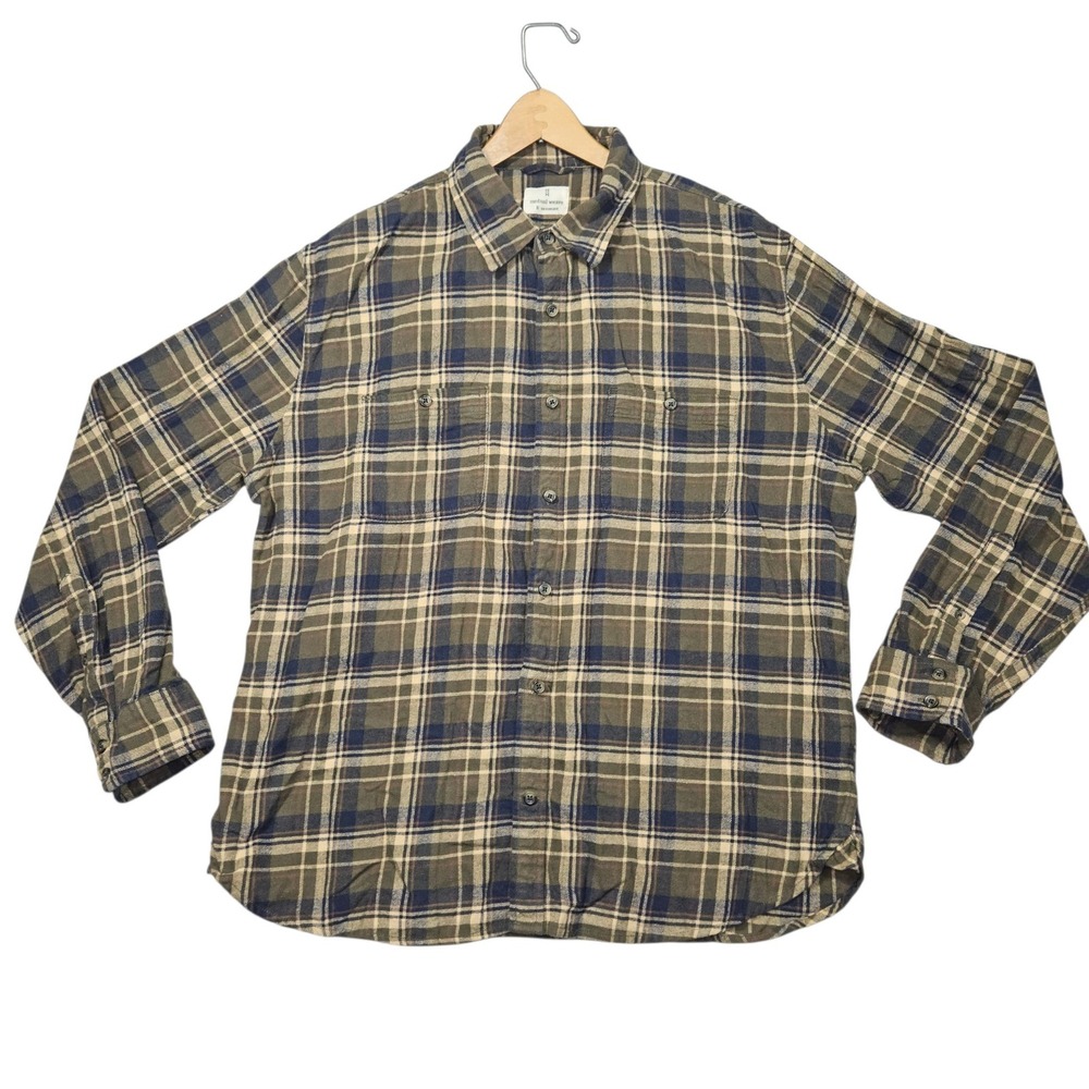 Mutual Weave Plaid Flannel Button Down Shirt Olive Green Navy Sz XL